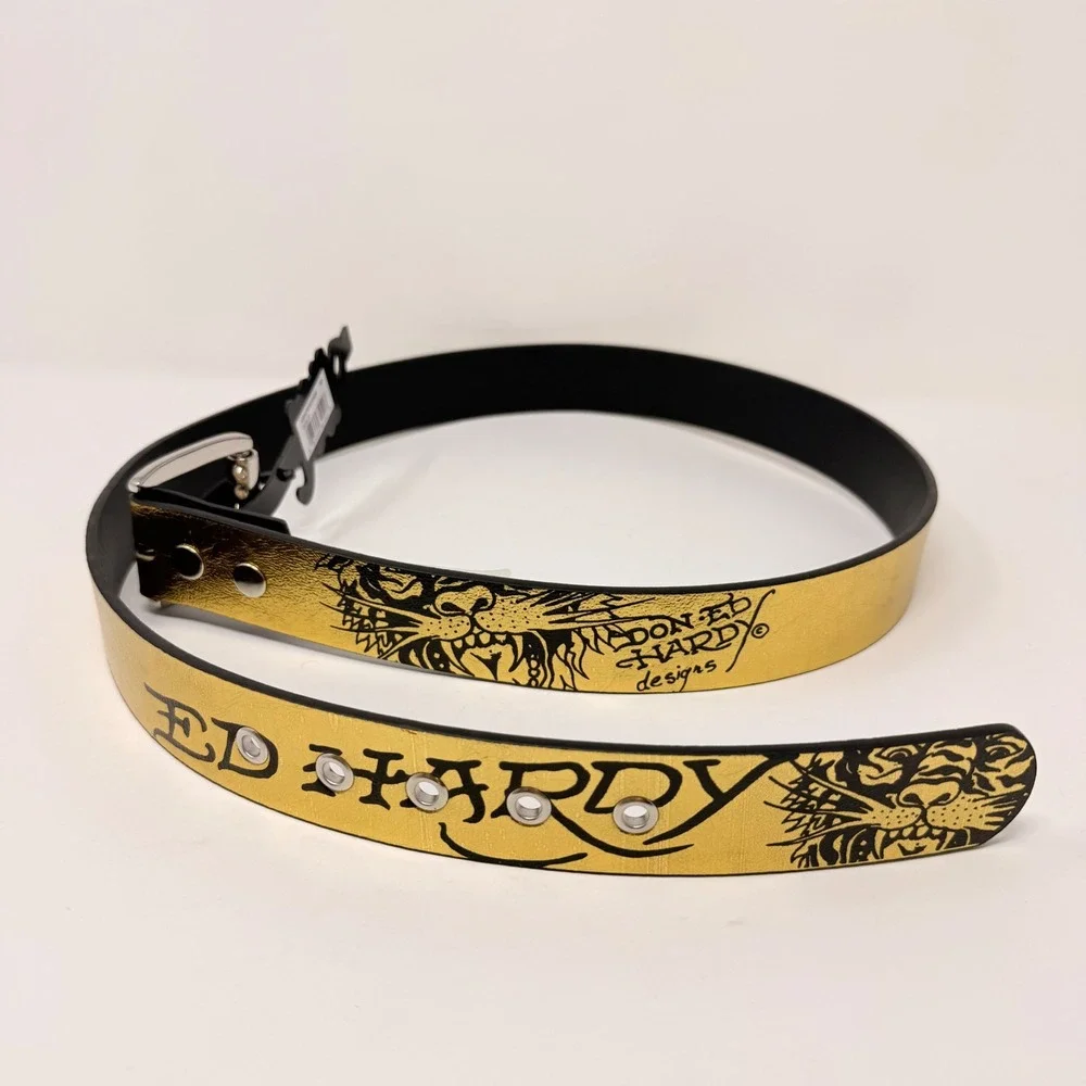 Ed Hardy Mens Metallic Gold Tiger Tattoo Graphic Belt Rhinestone Buckle 42 NEW